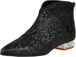 MAVMAX Sequin Low Heeled Ankle Boots Sparkly Block Heel Booties Shiny Glitter Flats Wedding Shoes for Women