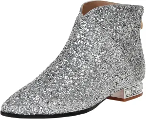 MAVMAX Sequin Low Heeled Ankle Boots Sparkly Block Heel Booties Shiny Glitter Flats Wedding Shoes for Women