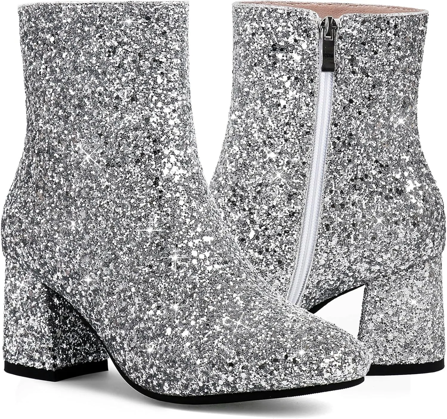 MAVMAX Women's Sequin Glitter Ankle Boots Chunky Heels Sparkly Booties
