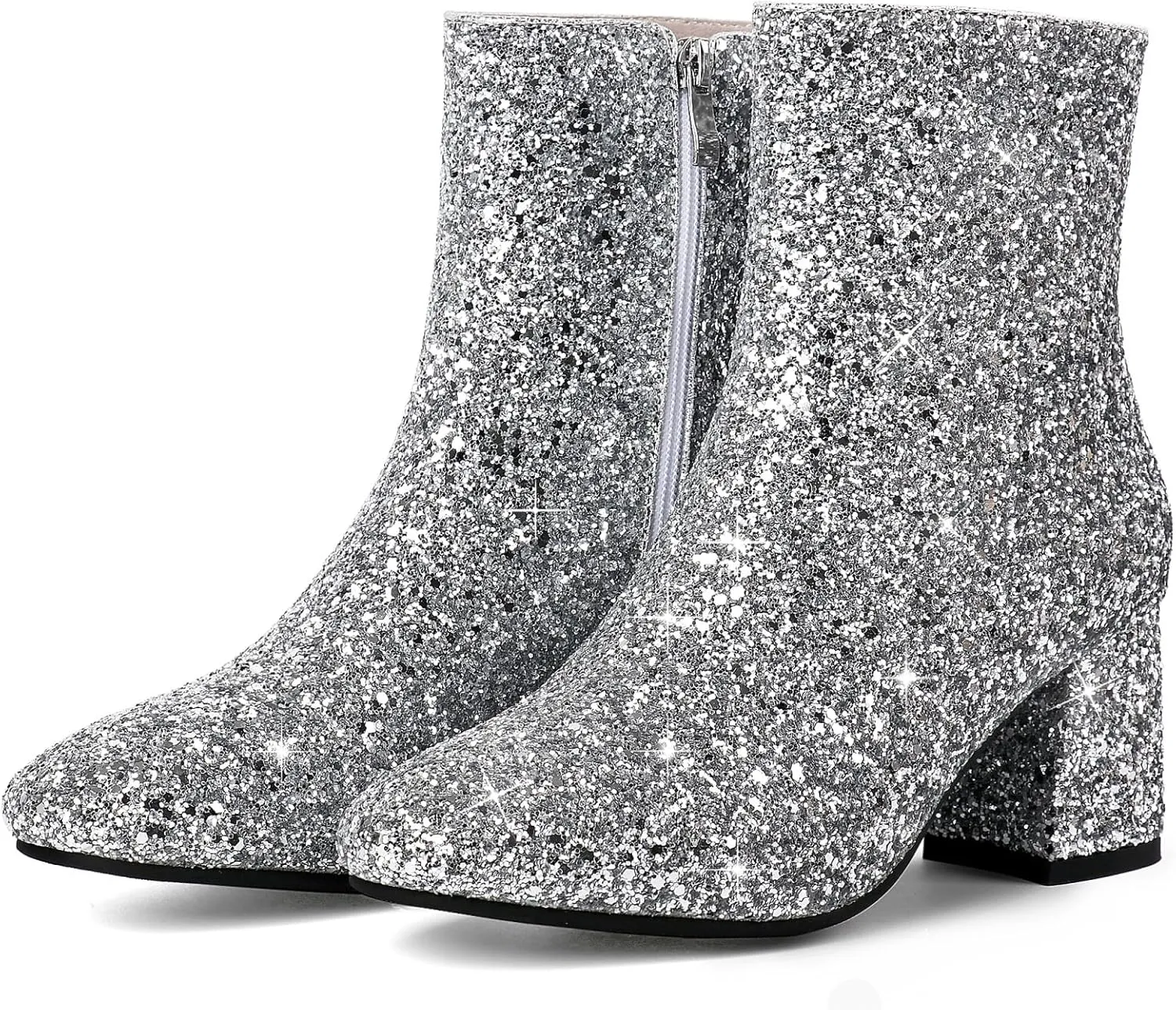 MAVMAX Women's Sequin Glitter Ankle Boots Chunky Heels Sparkly Booties