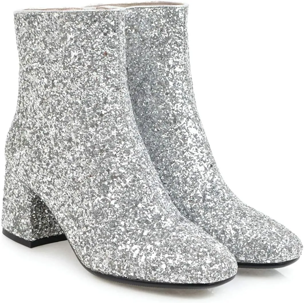 MAVMAX Women's Sequin Glitter Ankle Boots Chunky Heels Sparkly Booties