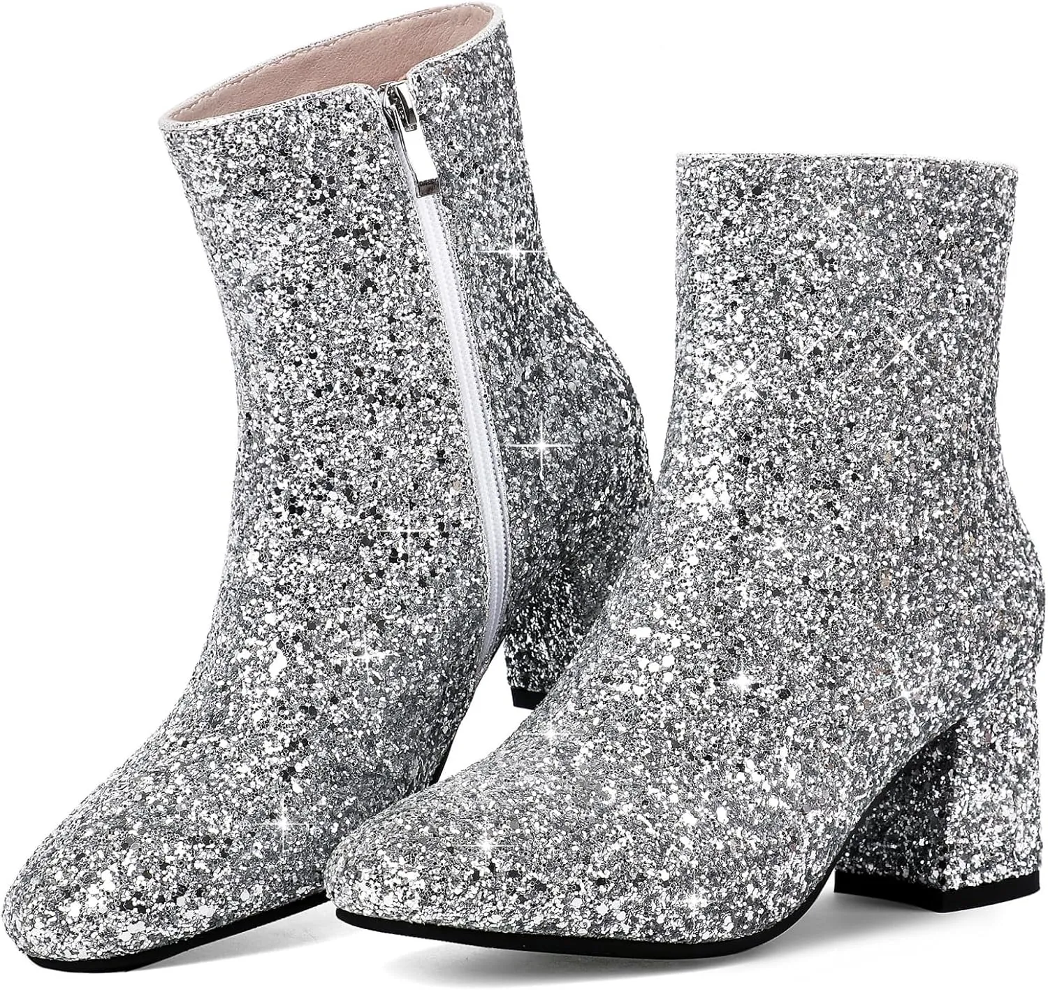 MAVMAX Women's Sequin Glitter Ankle Boots Chunky Heels Sparkly Booties