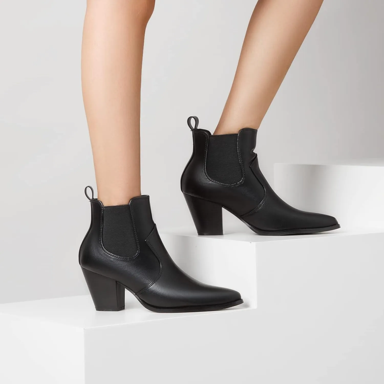 MaxMuxun Women's Chunky Heel Boots Ankle Boots for Women Western Booties Faux Leather Pointed Toe Chelsea Fall Boots for Women 2024