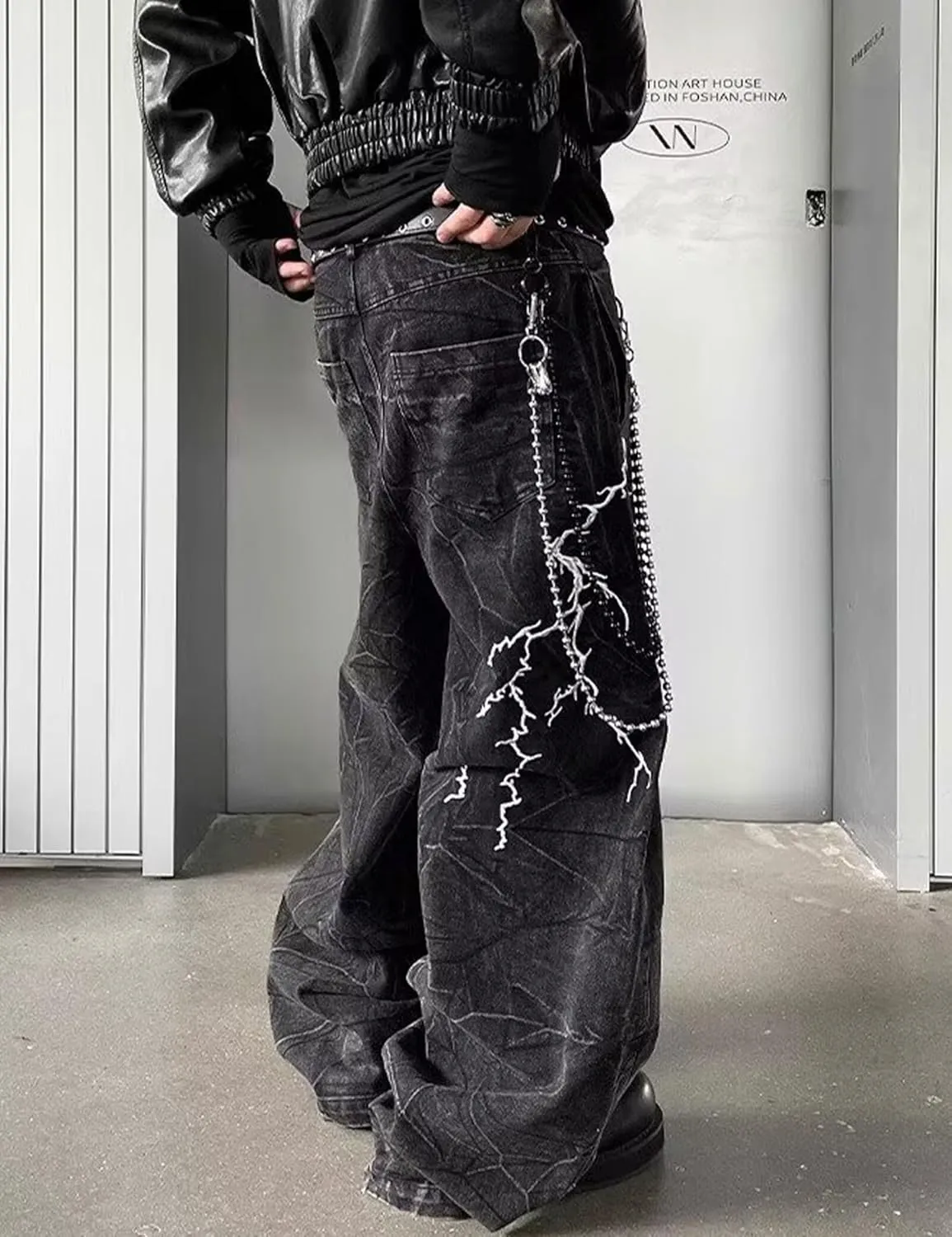 Men Baggy Black Jeans Y2k Relaxed Fit Graphic Jeans Cool Pants Wide Leg Skater Jean Streetwear
