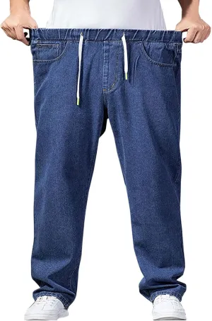 Men's Elastic Waist Jeans Plus Size Drawstring Pull On Jeans Casual Straight Leg Jeans Boys Denim Jogger Pants S-4XL
