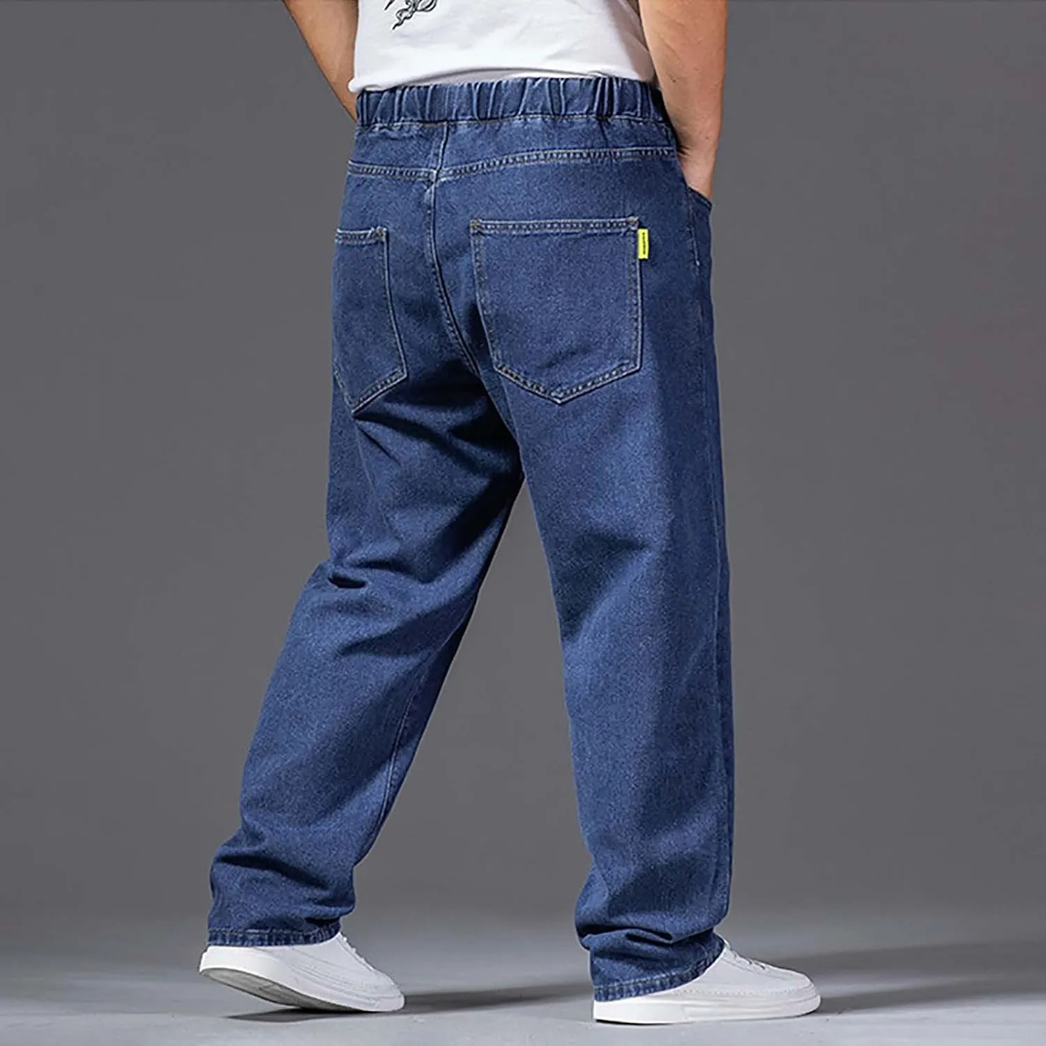 Men's Elastic Waist Jeans Plus Size Drawstring Pull On Jeans Casual Straight Leg Jeans Boys Denim Jogger Pants S-4XL