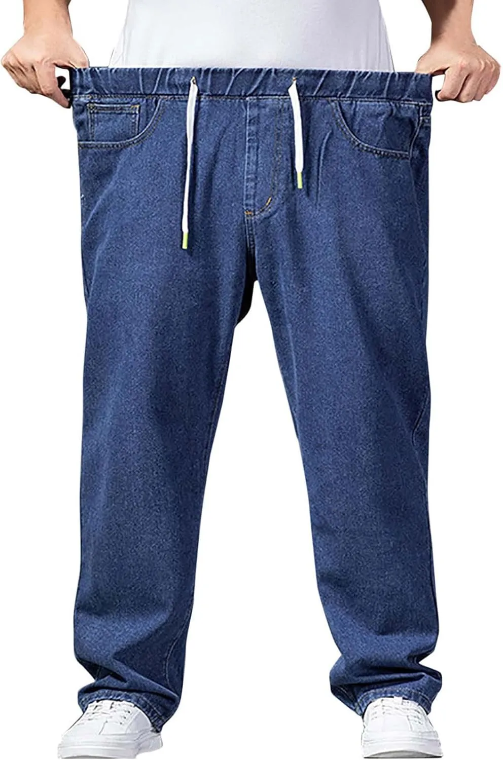 Men's Elastic Waist Jeans Plus Size Drawstring Pull On Jeans Casual Straight Leg Jeans Boys Denim Jogger Pants S-4XL