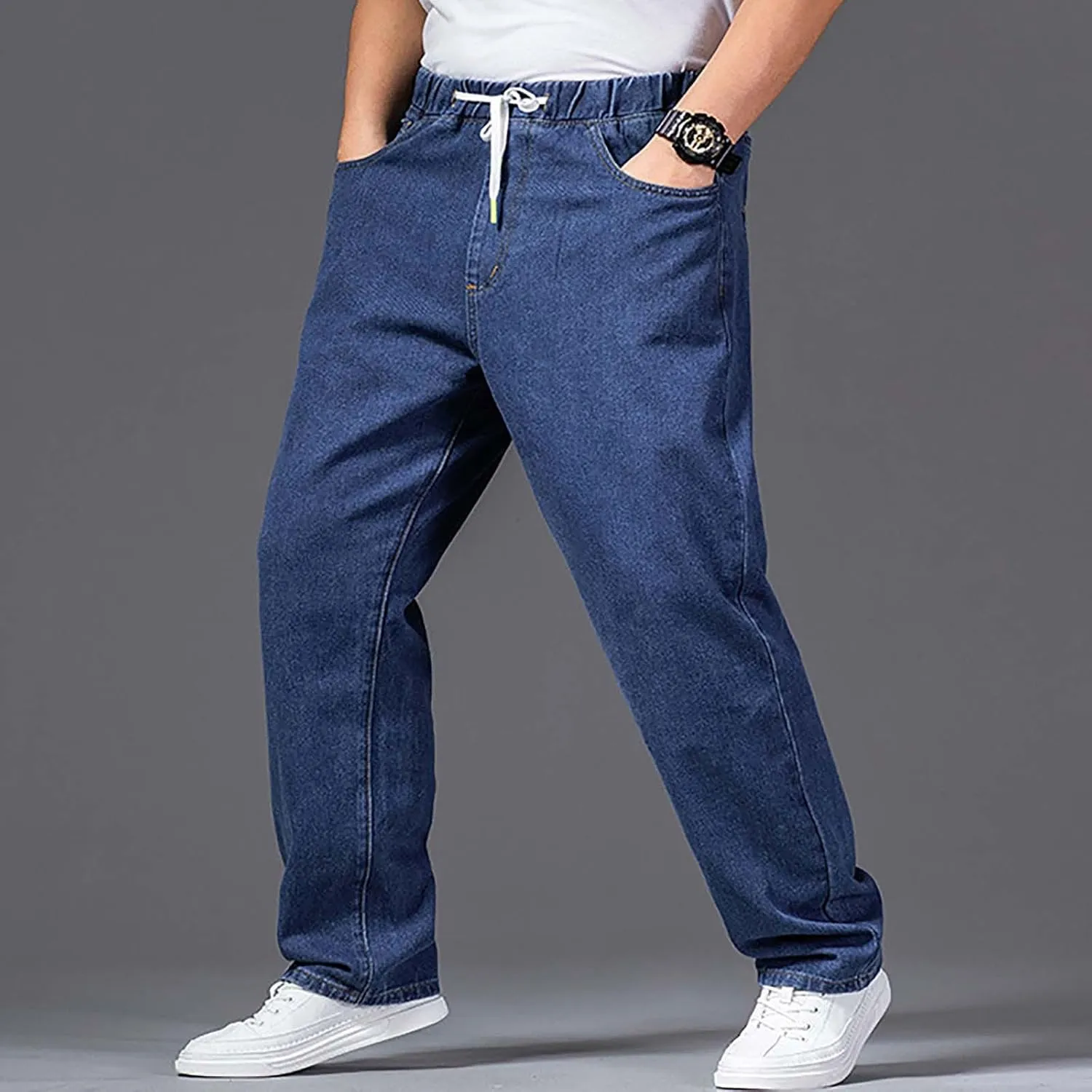 Men's Elastic Waist Jeans Plus Size Drawstring Pull On Jeans Casual Straight Leg Jeans Boys Denim Jogger Pants S-4XL