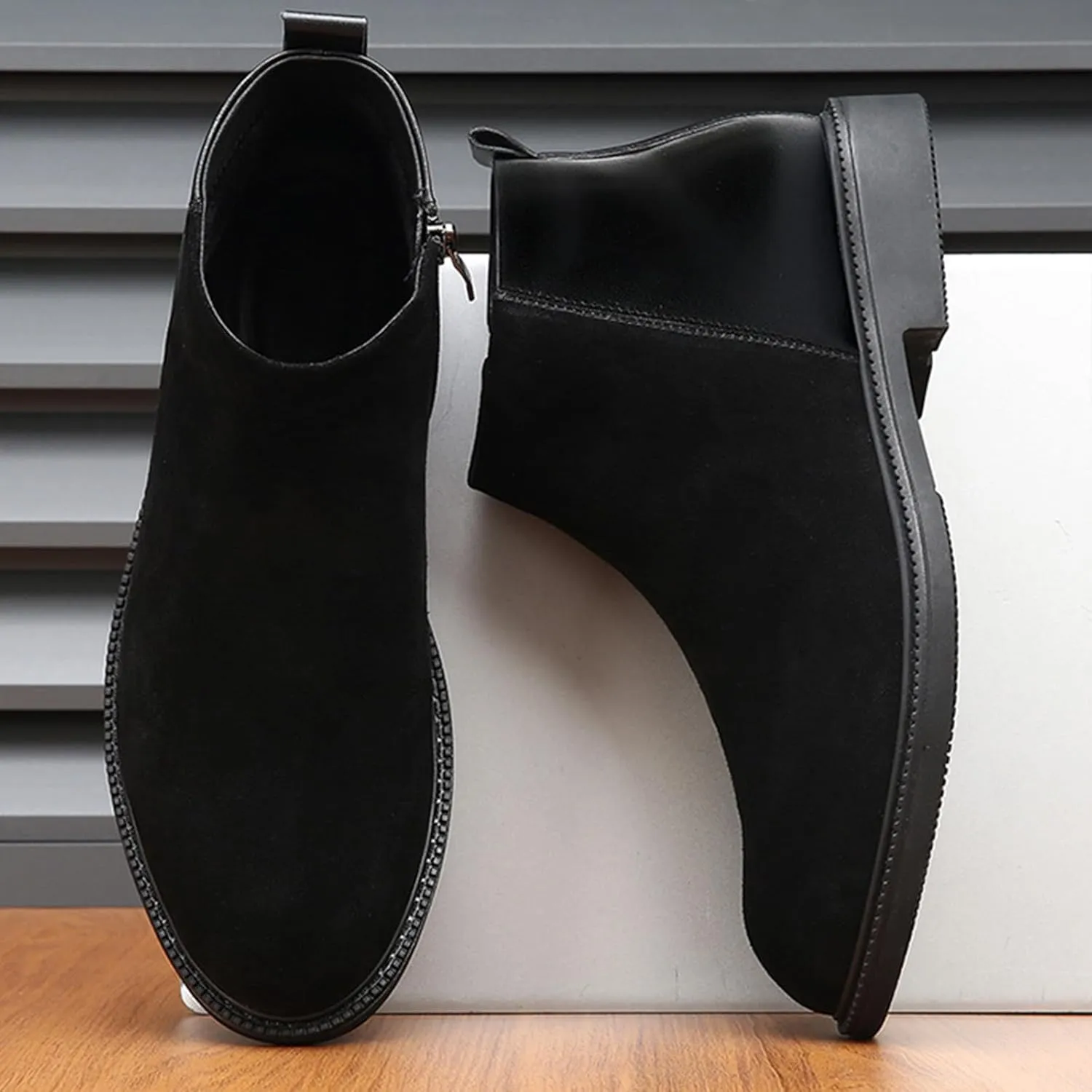 Men's Genuine Leather Slip-On Chelsea Boots with Side Zipper Classic Round Toe Soft Bottom Low Block Heel Dress Ankle Boots Casual Anti-Slip Bootie