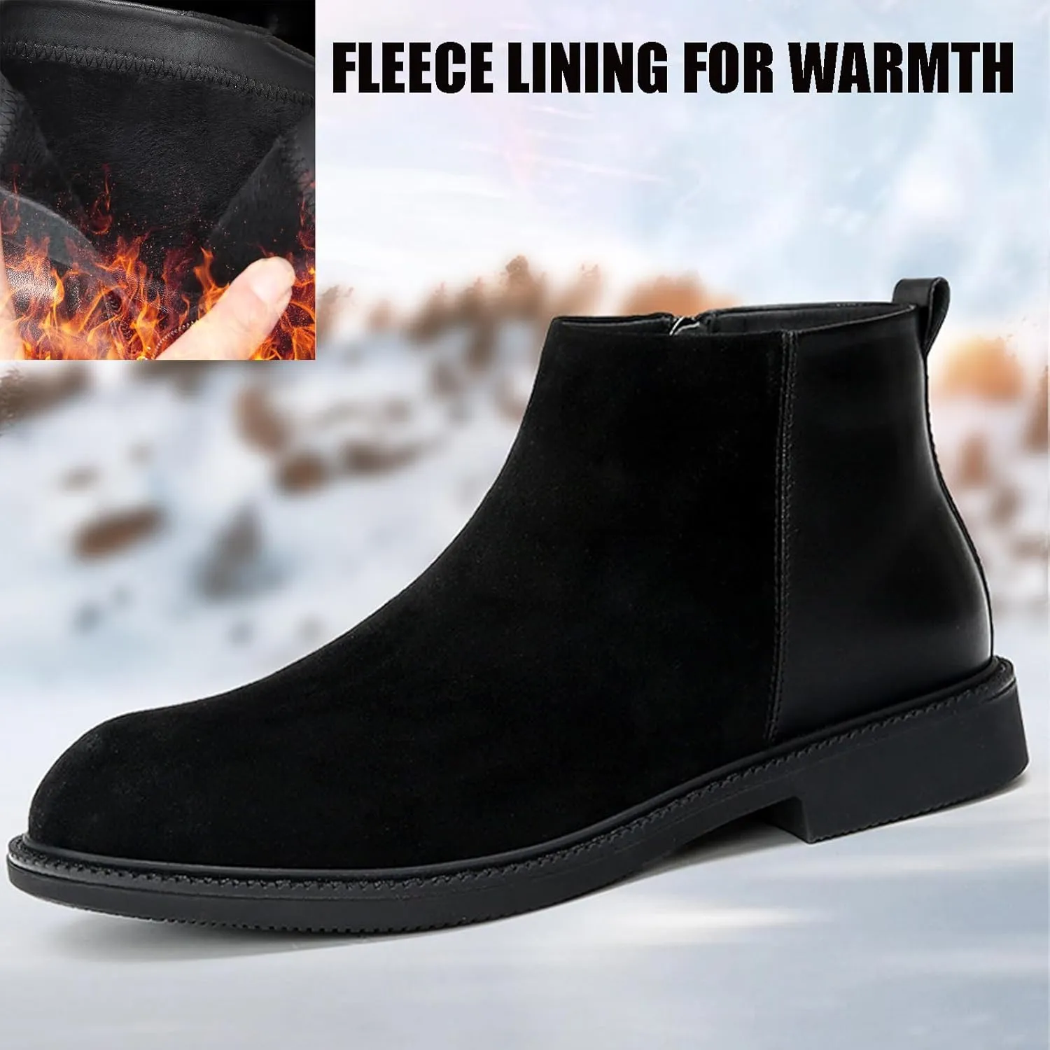 Men's Genuine Leather Slip-On Chelsea Boots with Side Zipper Classic Round Toe Soft Bottom Low Block Heel Dress Ankle Boots Casual Anti-Slip Bootie