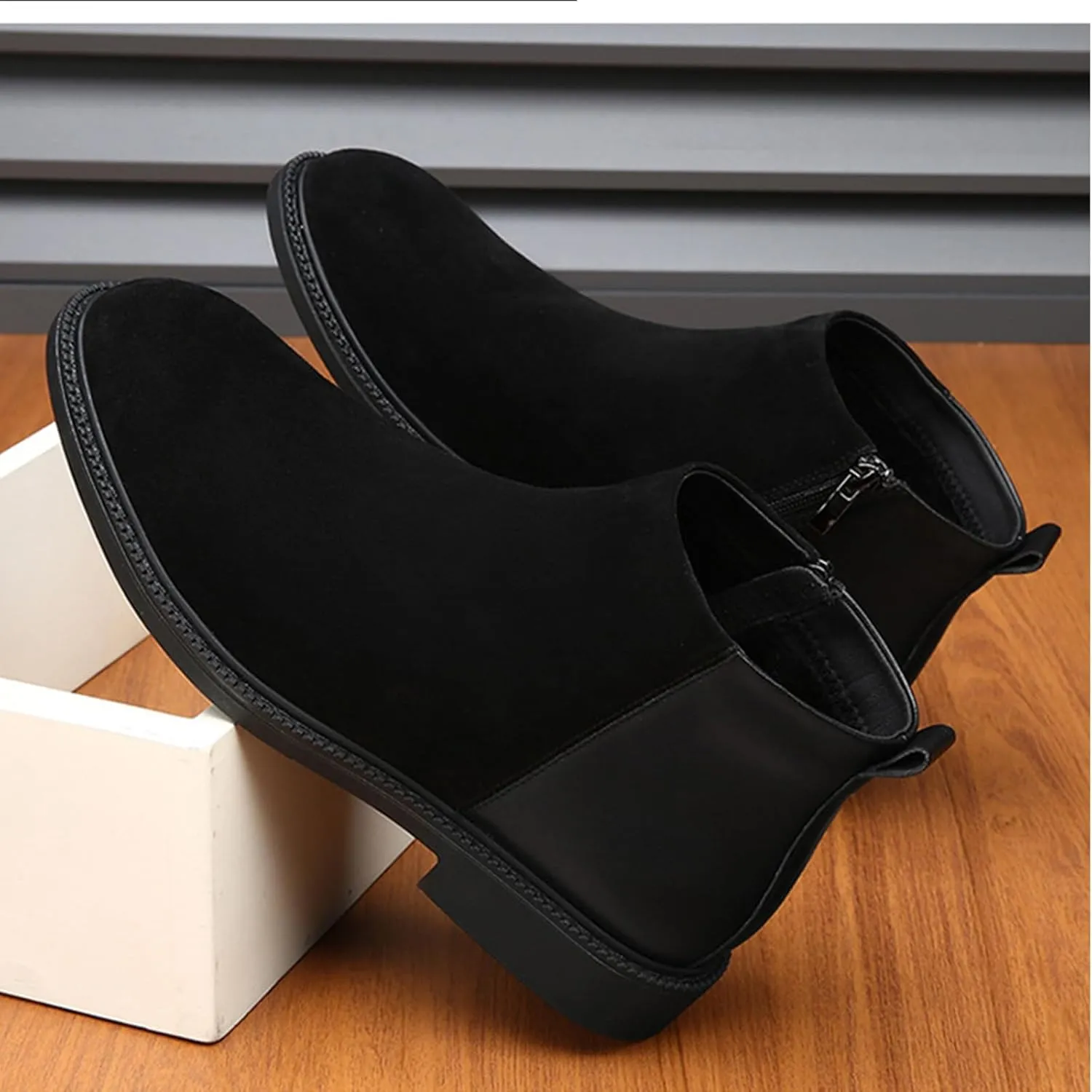 Men's Genuine Leather Slip-On Chelsea Boots with Side Zipper Classic Round Toe Soft Bottom Low Block Heel Dress Ankle Boots Casual Anti-Slip Bootie