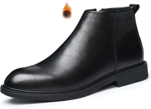 Men's Genuine Leather Slip-On Chelsea Boots with Side Zipper Classic Round Toe Soft Bottom Low Block Heel Dress Ankle Boots Casual Anti-Slip Bootie