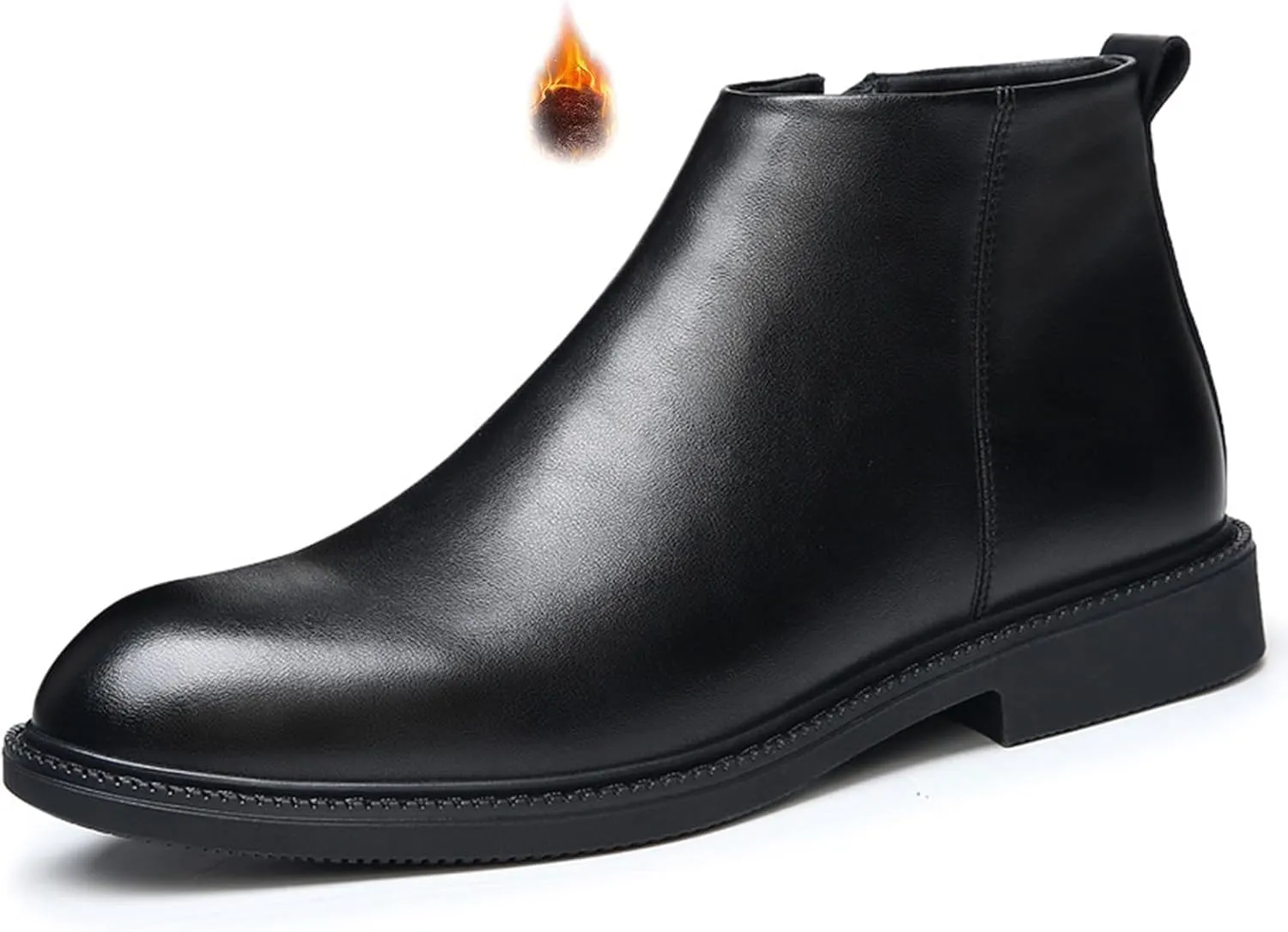Men's Genuine Leather Slip-On Chelsea Boots with Side Zipper Classic Round Toe Soft Bottom Low Block Heel Dress Ankle Boots Casual Anti-Slip Bootie