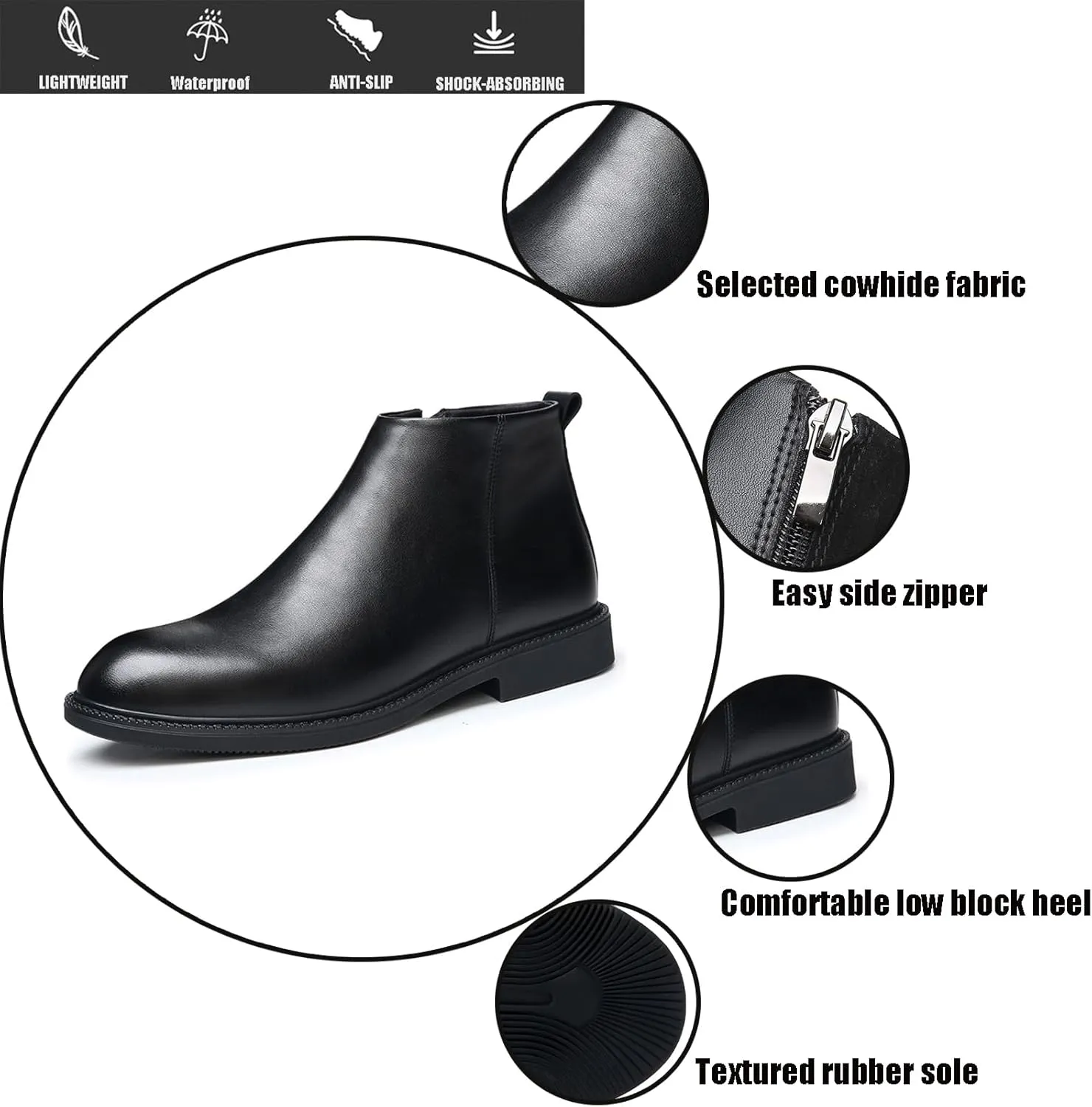 Men's Genuine Leather Slip-On Chelsea Boots with Side Zipper Classic Round Toe Soft Bottom Low Block Heel Dress Ankle Boots Casual Anti-Slip Bootie