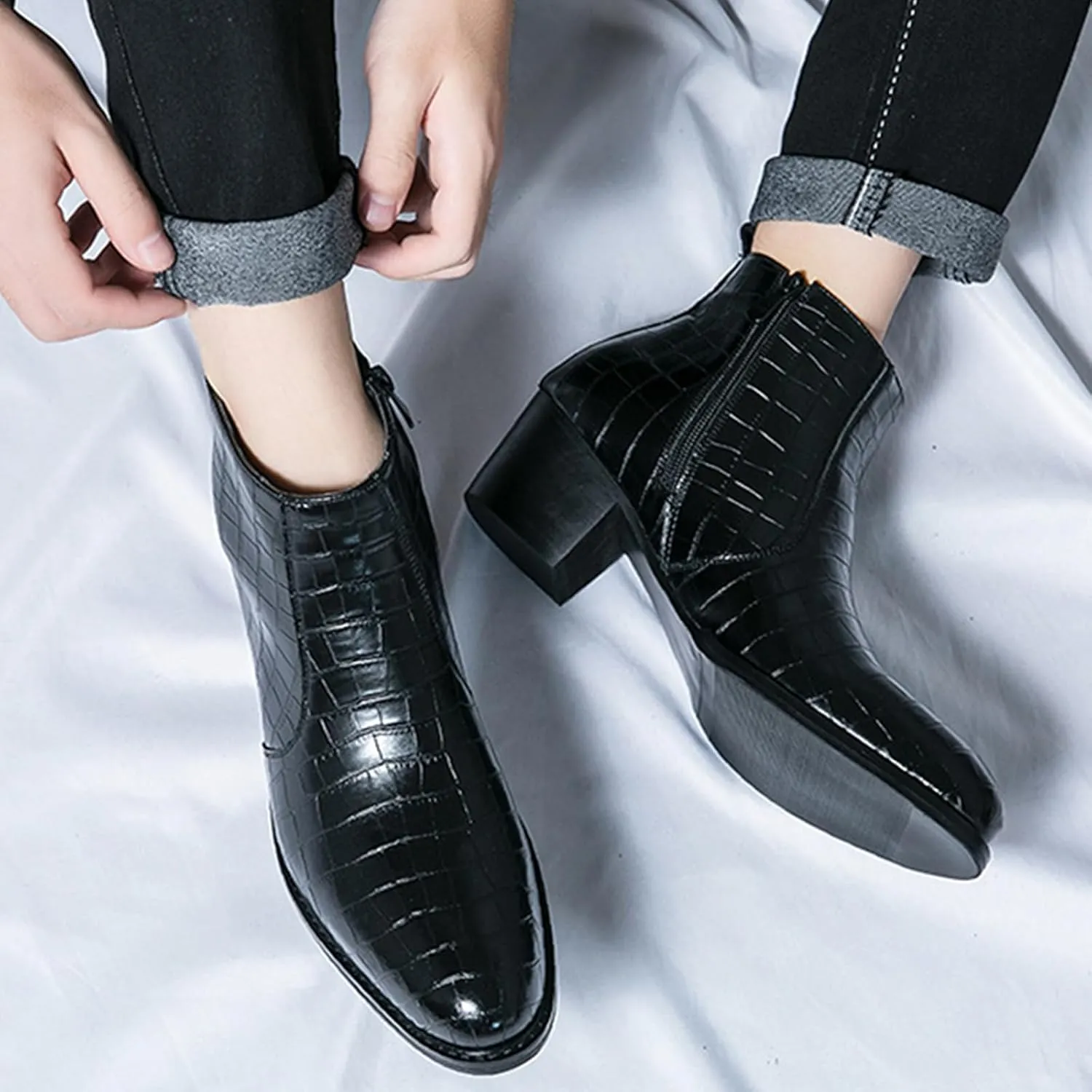 Men's Gradient Patent Leather Print Business Chelsea Boots with Side Zipper, Retro Pointed Toe Low Chunky Heel Non-Slip Formal Short Boots for Business Work Party Ankle Boots
