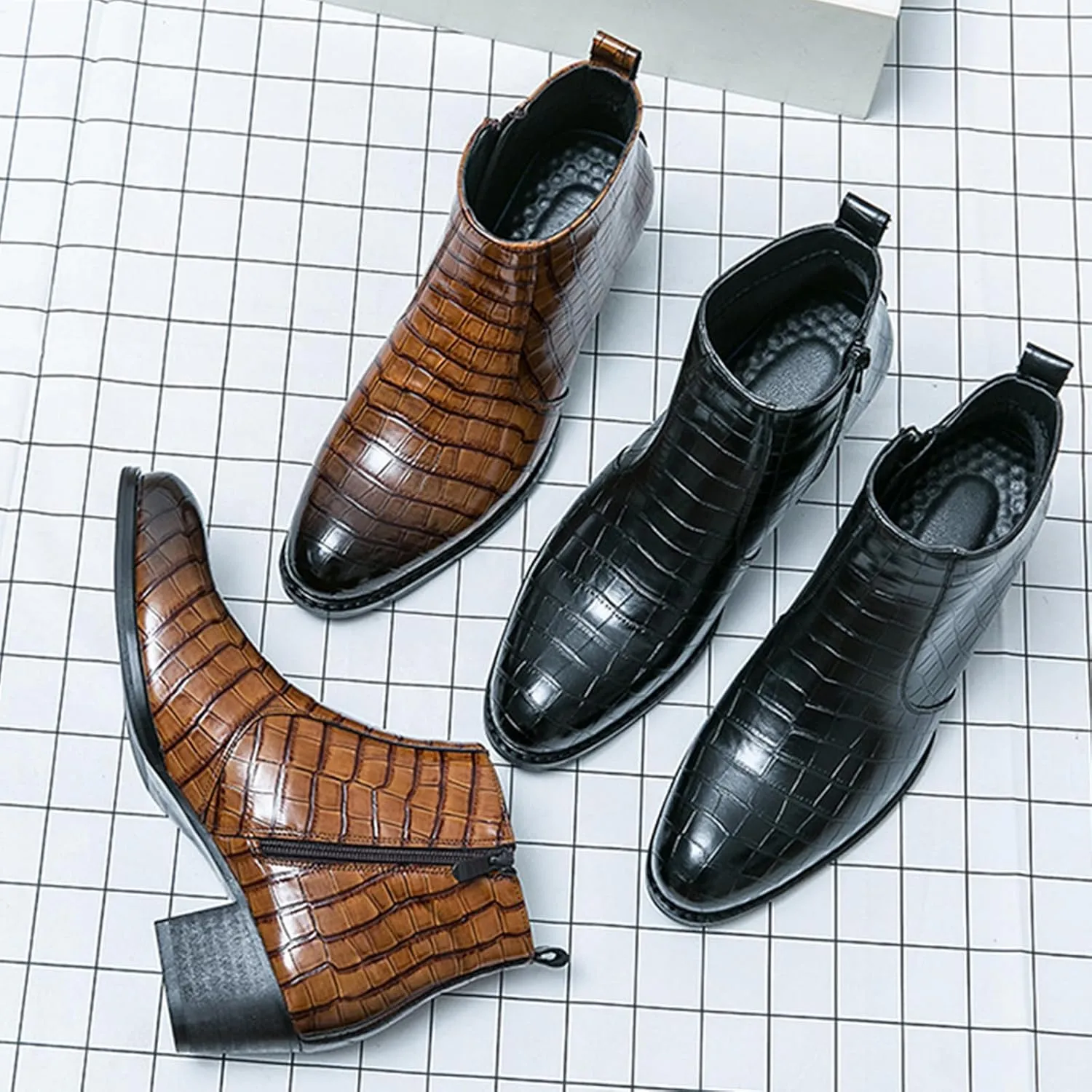 Men's Gradient Patent Leather Print Business Chelsea Boots with Side Zipper, Retro Pointed Toe Low Chunky Heel Non-Slip Formal Short Boots for Business Work Party Ankle Boots