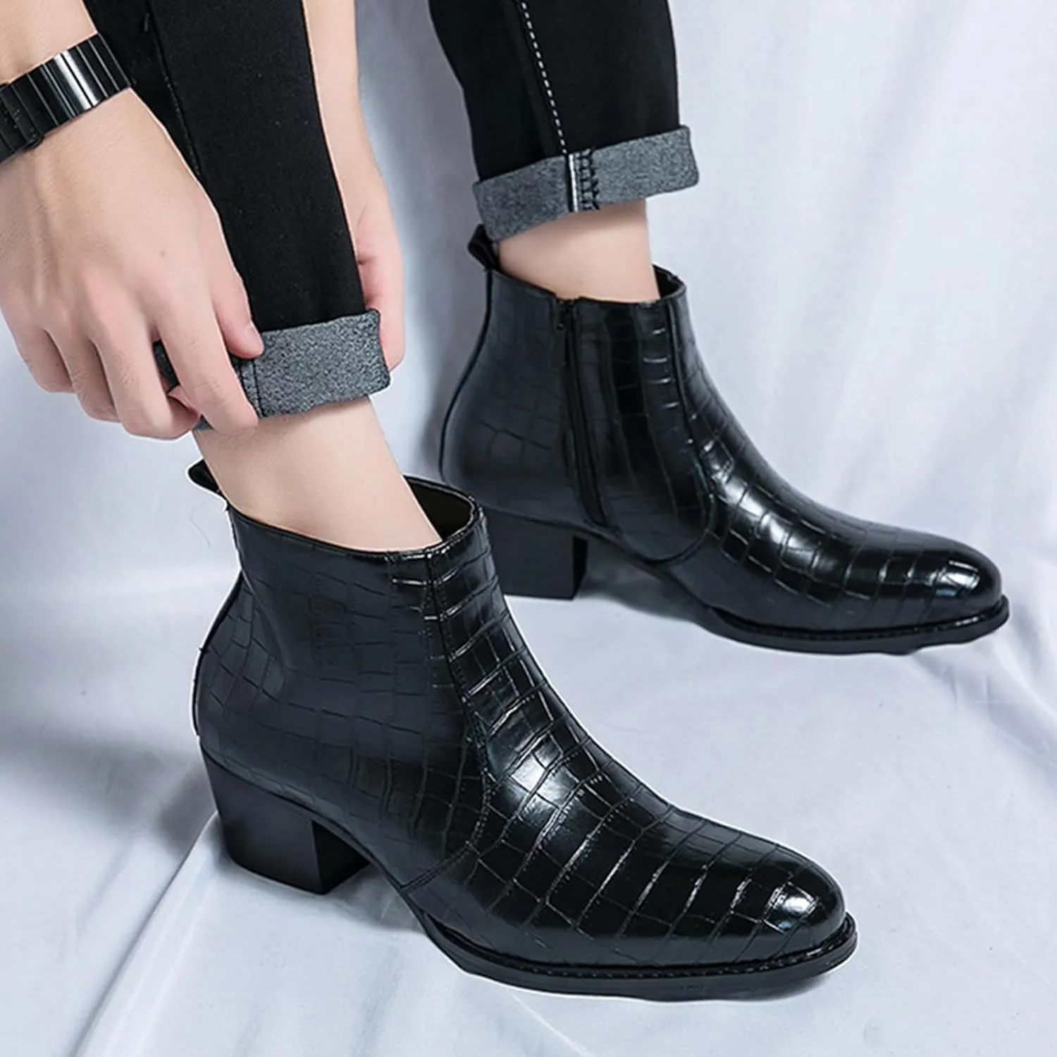 Men's Gradient Patent Leather Print Business Chelsea Boots with Side Zipper, Retro Pointed Toe Low Chunky Heel Non-Slip Formal Short Boots for Business Work Party Ankle Boots