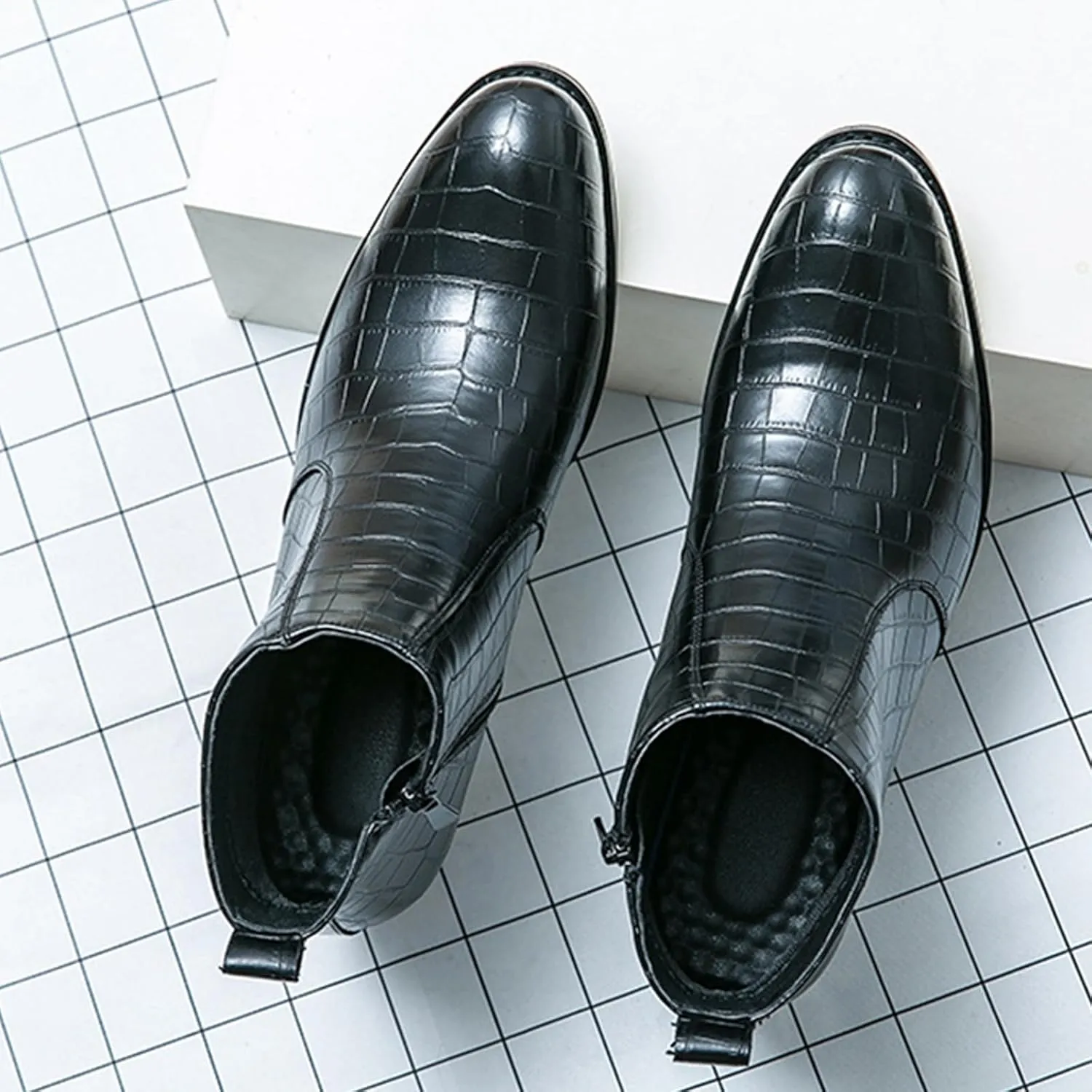 Men's Gradient Patent Leather Print Business Chelsea Boots with Side Zipper, Retro Pointed Toe Low Chunky Heel Non-Slip Formal Short Boots for Business Work Party Ankle Boots
