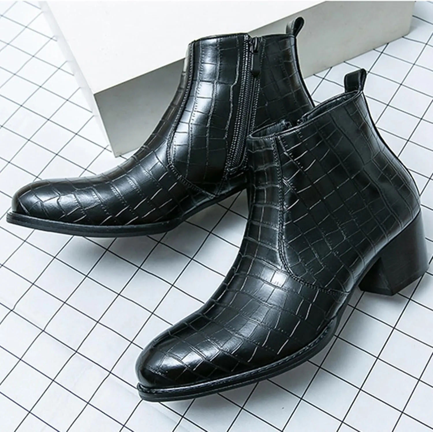 Men's Gradient Patent Leather Print Business Chelsea Boots with Side Zipper, Retro Pointed Toe Low Chunky Heel Non-Slip Formal Short Boots for Business Work Party Ankle Boots
