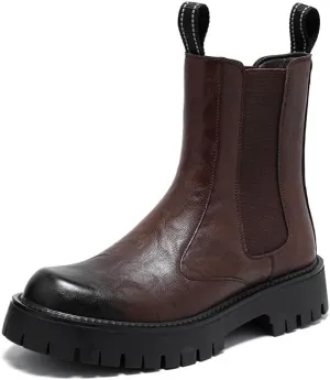 Men's Leather Platform Chelsea Boots Lug Sole Chunky Heel Brogue Dress Ankle Boots Round Toe Retro Slip-On Oxfords Boot