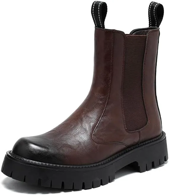 Men's Leather Platform Chelsea Boots Lug Sole Chunky Heel Brogue Dress Ankle Boots Round Toe Retro Slip-On Oxfords Boot