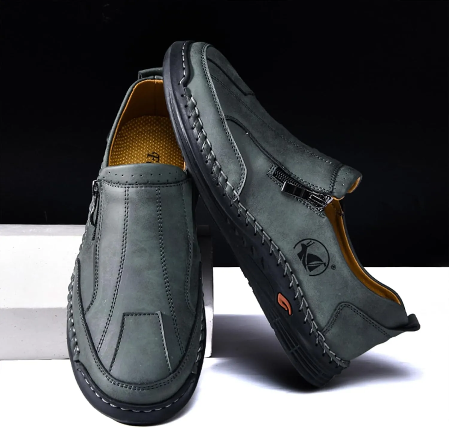 Men's Leather Slip-On Loafers Anti-Slip Sole Retro Round Toe Handsewn Detailing Lightweight Driving Shoes for Walking & Everyday Wear