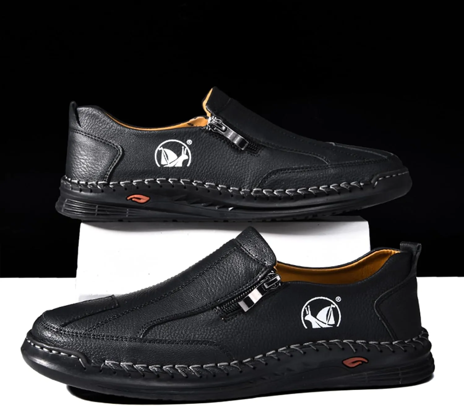 Men's Leather Slip-On Loafers Anti-Slip Sole Retro Round Toe Handsewn Detailing Lightweight Driving Shoes for Walking & Everyday Wear