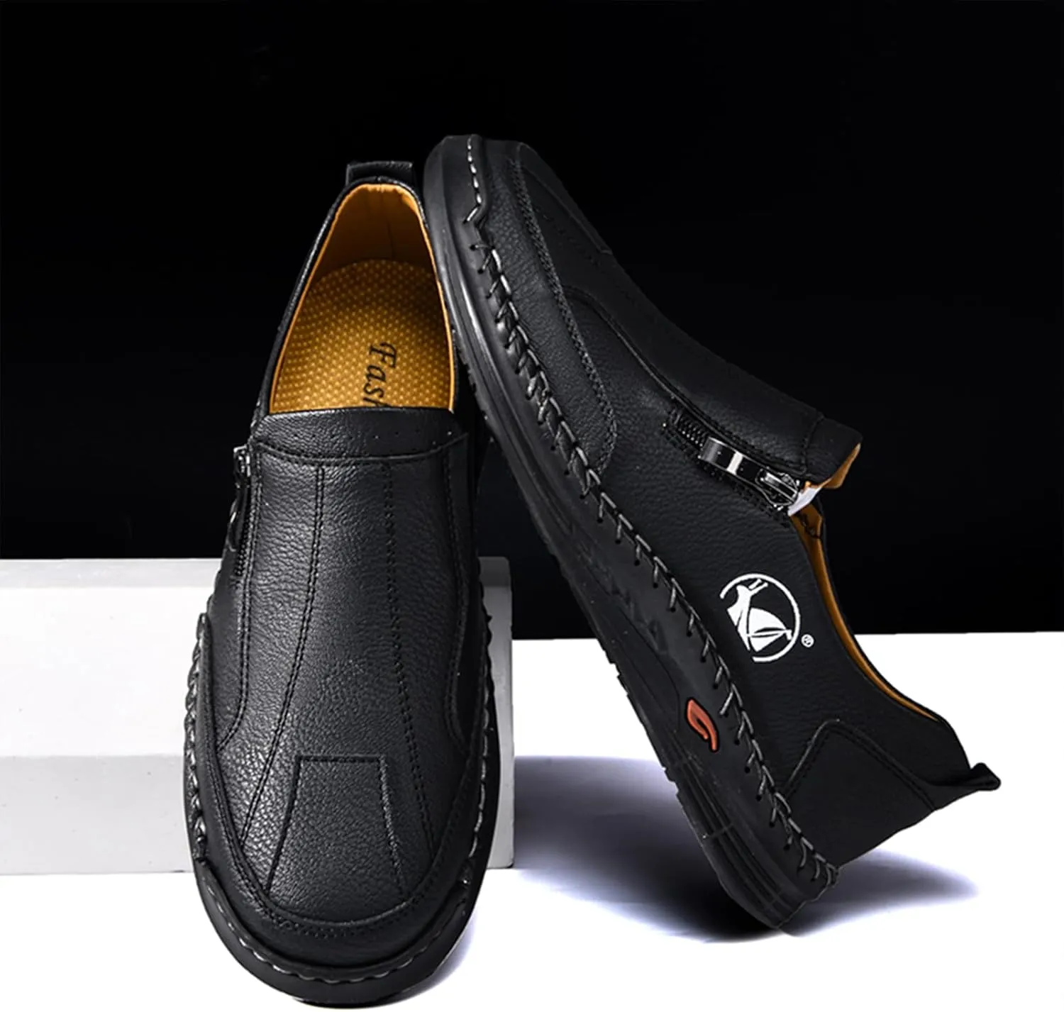 Men's Leather Slip-On Loafers Anti-Slip Sole Retro Round Toe Handsewn Detailing Lightweight Driving Shoes for Walking & Everyday Wear