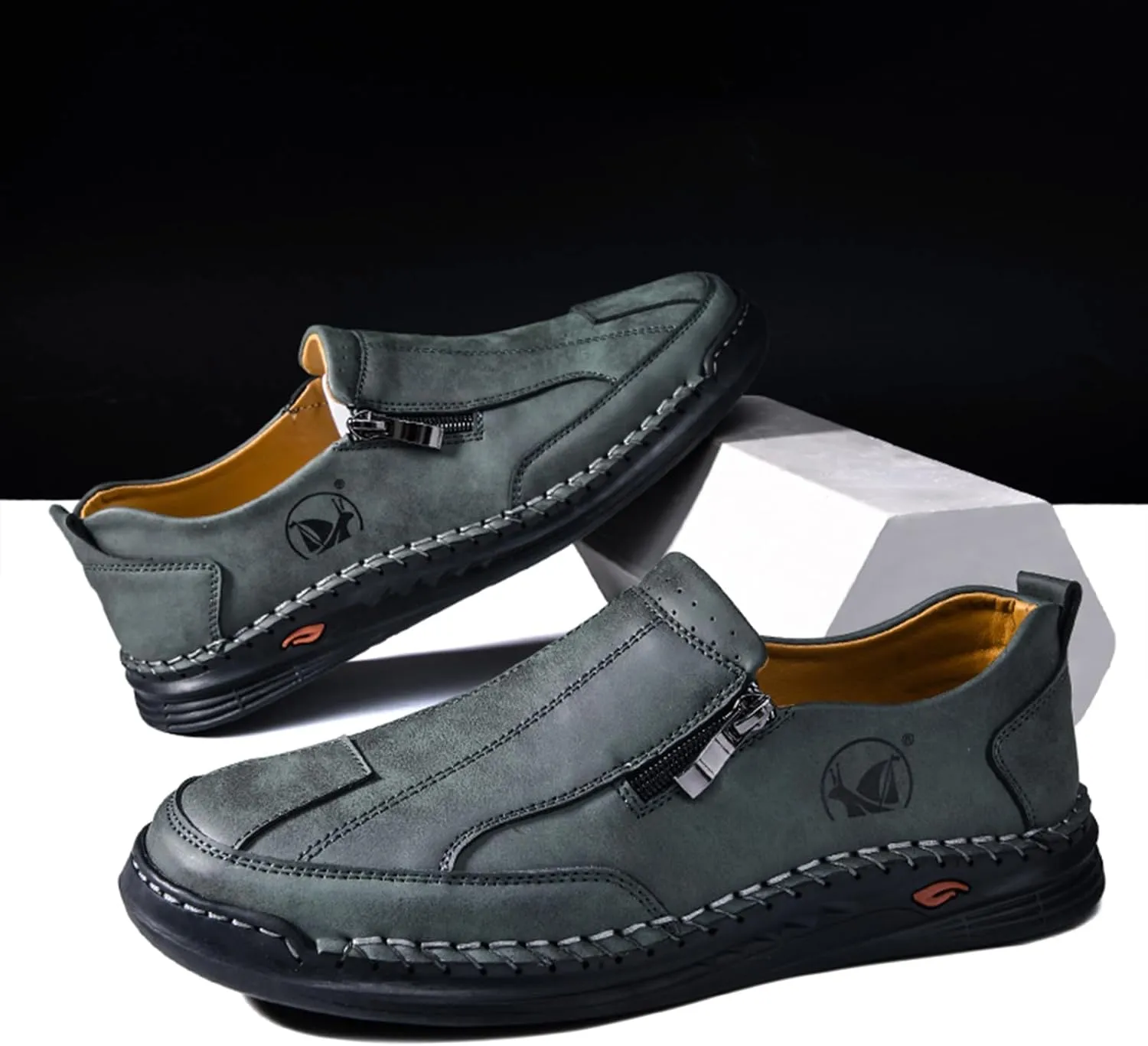 Men's Leather Slip-On Loafers Anti-Slip Sole Retro Round Toe Handsewn Detailing Lightweight Driving Shoes for Walking & Everyday Wear