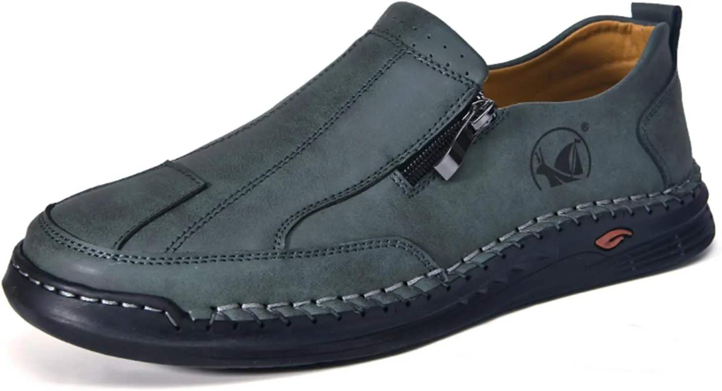Men's Leather Slip-On Loafers Anti-Slip Sole Retro Round Toe Handsewn Detailing Lightweight Driving Shoes for Walking & Everyday Wear