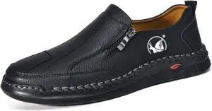 Men's Leather Slip-On Loafers Anti-Slip Sole Retro Round Toe Handsewn Detailing Lightweight Driving Shoes for Walking & Everyday Wear