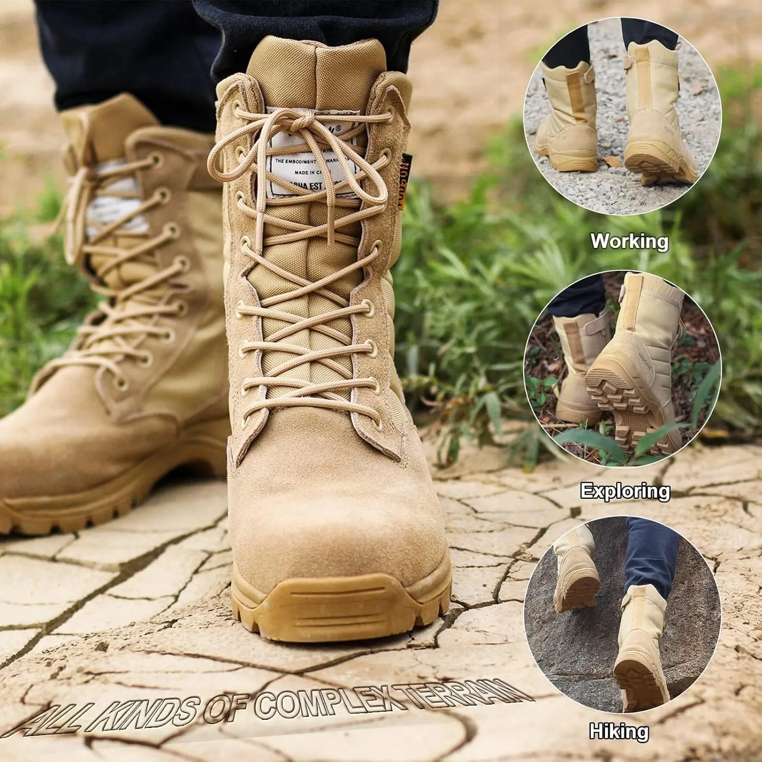Men's Military Tactical Boots with Side Zipper, Puncture Resistant, Desert Combat, Army Jungle, 8 Inch Lightweight Hiking Boots