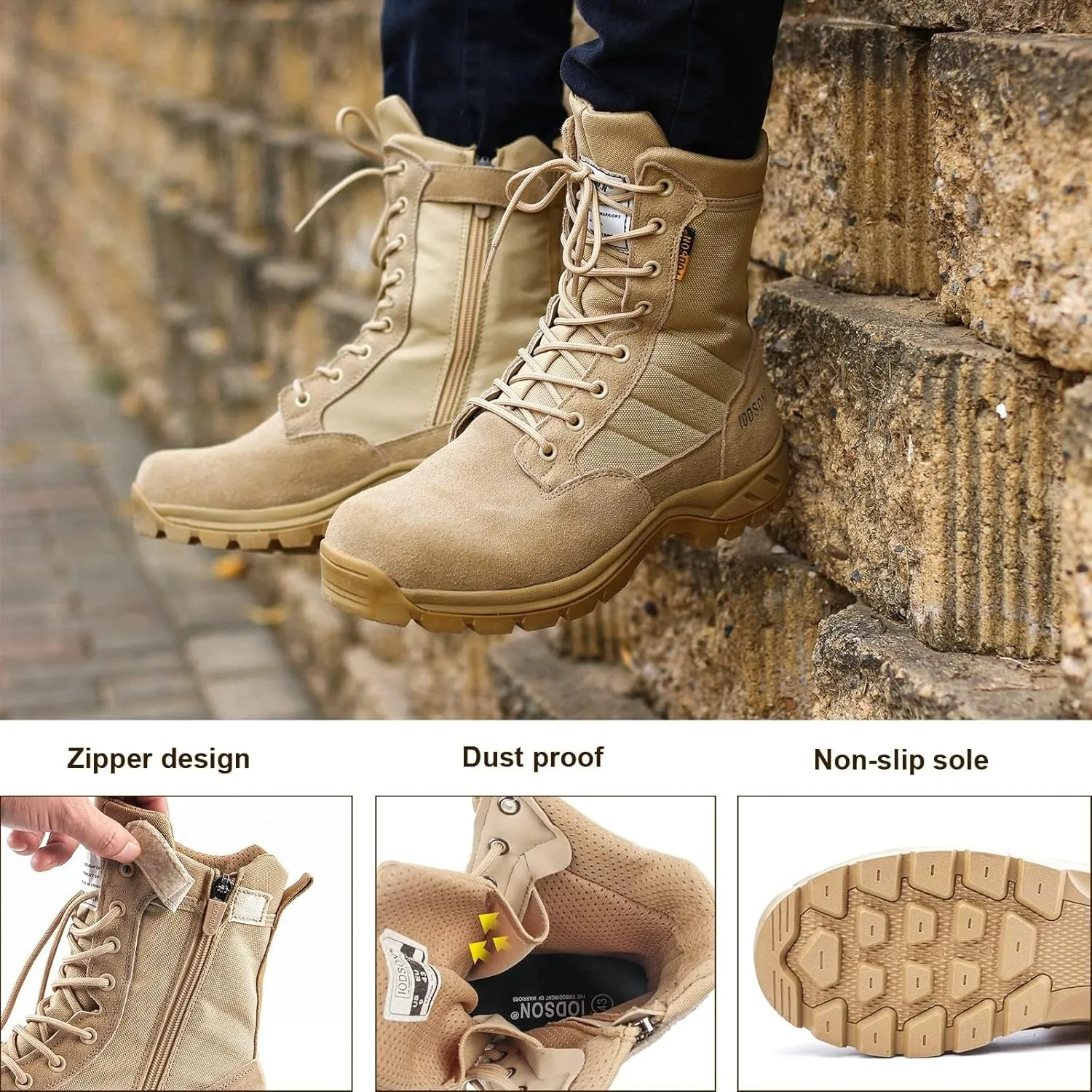 Men's Military Tactical Boots with Side Zipper, Puncture Resistant, Desert Combat, Army Jungle, 8 Inch Lightweight Hiking Boots