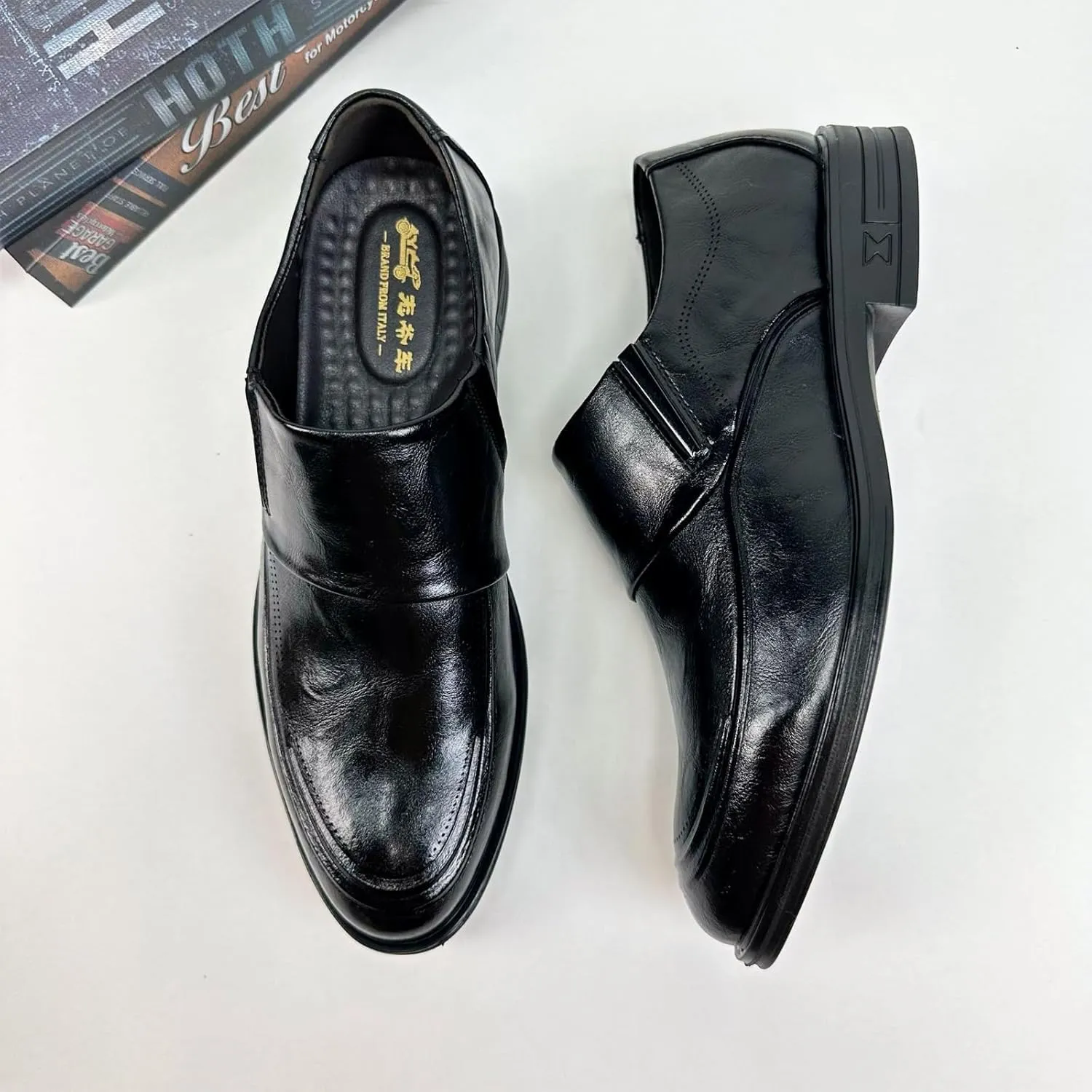 Men's Retro Leather Slip on Loafers Casual Business Dress Shoes Classic Comfortable Side Elastic Band Low top Anti-Slip Oxford Business Work Shoes