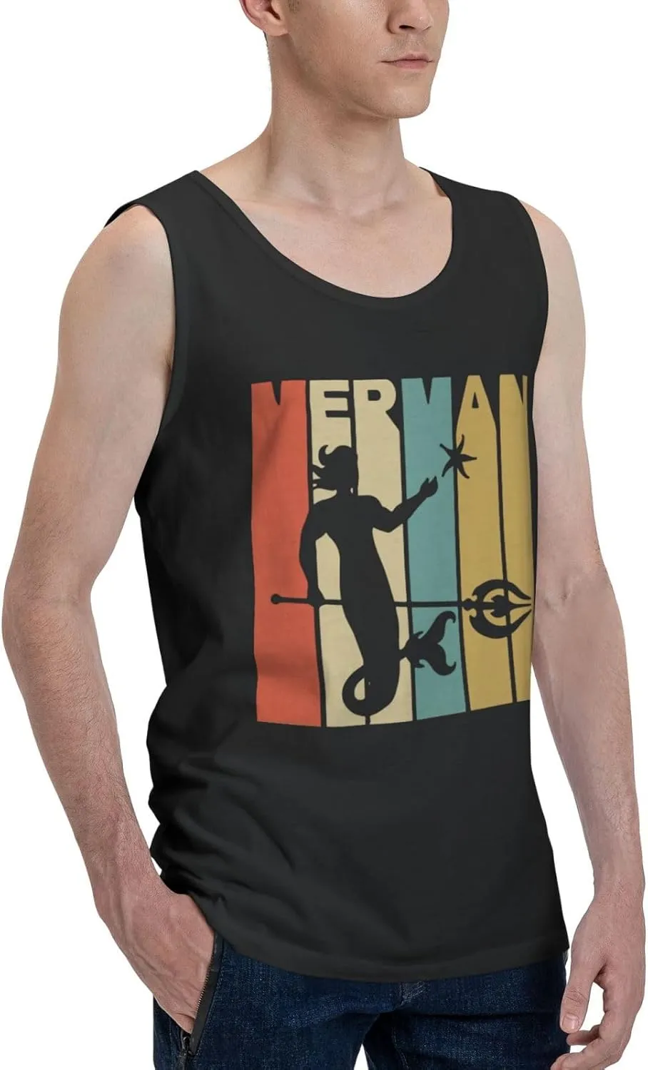 Men's Tank Top Sleeveless Tees Vintage Style Merman Silhouetted Quick Dry Sport Shirts Muscle Workout Gym Beach T-Shirts