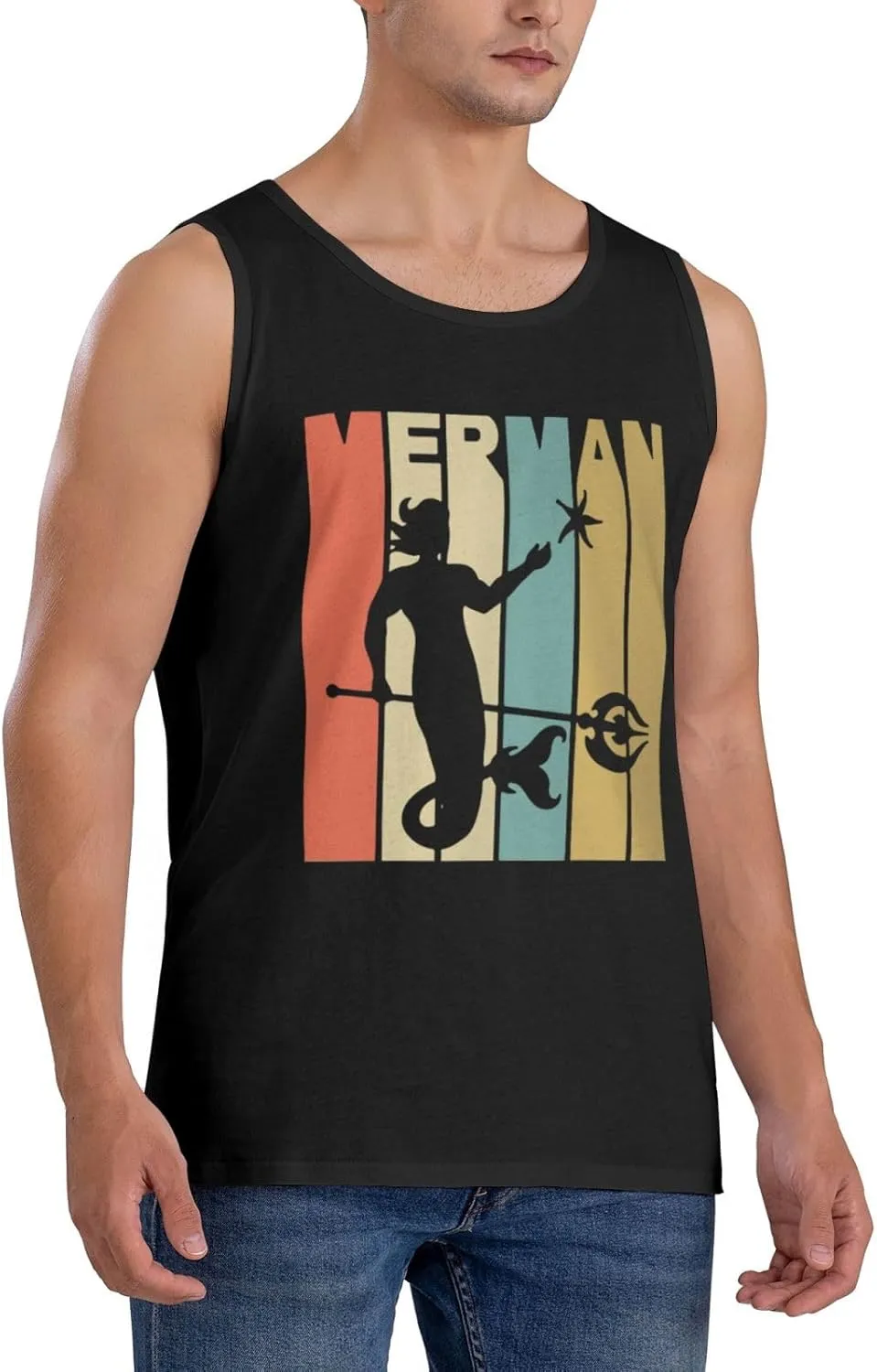 Men's Tank Top Sleeveless Tees Vintage Style Merman Silhouetted Quick Dry Sport Shirts Muscle Workout Gym Beach T-Shirts