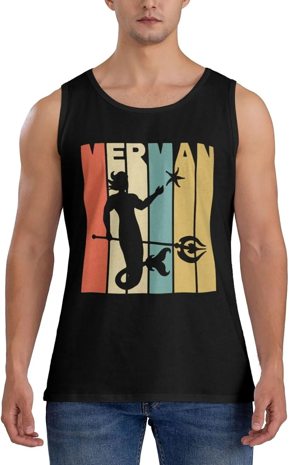 Men's Tank Top Sleeveless Tees Vintage Style Merman Silhouetted Quick Dry Sport Shirts Muscle Workout Gym Beach T-Shirts