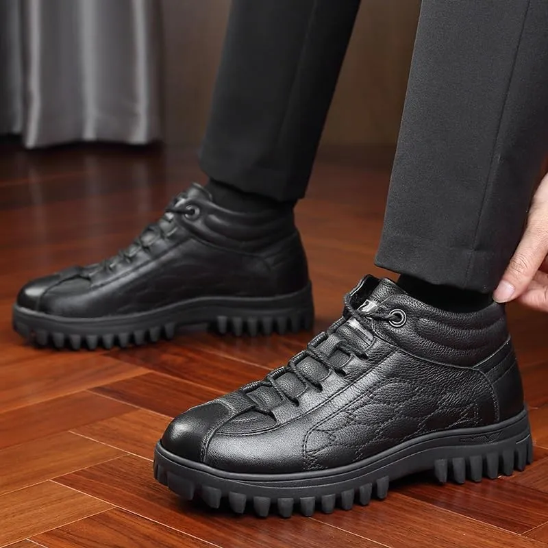 Men's Warm Cotton-Leather Lace Up Oxford Shoes Casual High-top Thick Lightweight Non-Slip Trekking Walking Shoes Mens Winter Boots Snow Booties