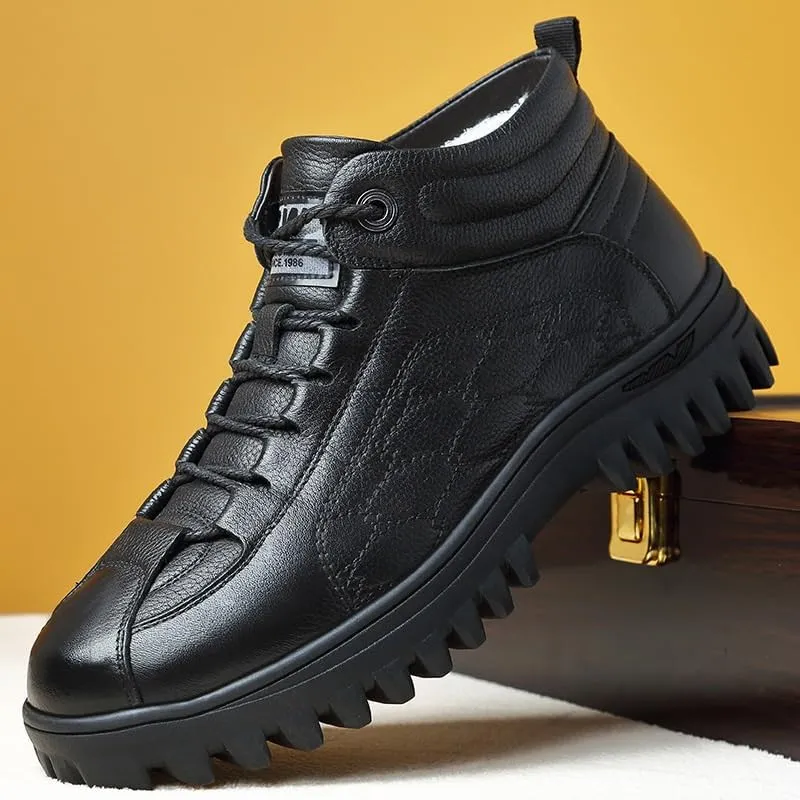 Men's Warm Cotton-Leather Lace Up Oxford Shoes Casual High-top Thick Lightweight Non-Slip Trekking Walking Shoes Mens Winter Boots Snow Booties