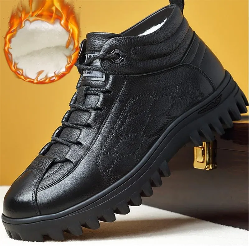 Men's Warm Cotton-Leather Lace Up Oxford Shoes Casual High-top Thick Lightweight Non-Slip Trekking Walking Shoes Mens Winter Boots Snow Booties