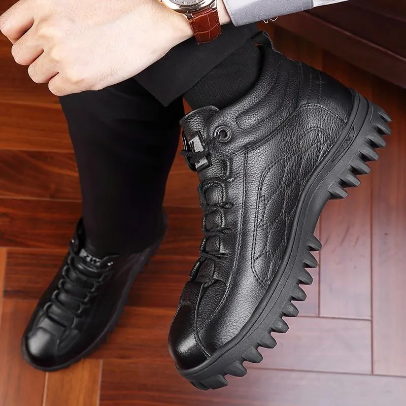 Men's Warm Cotton-Leather Lace Up Oxford Shoes Casual High-top Thick Lightweight Non-Slip Trekking Walking Shoes Mens Winter Boots Snow Booties