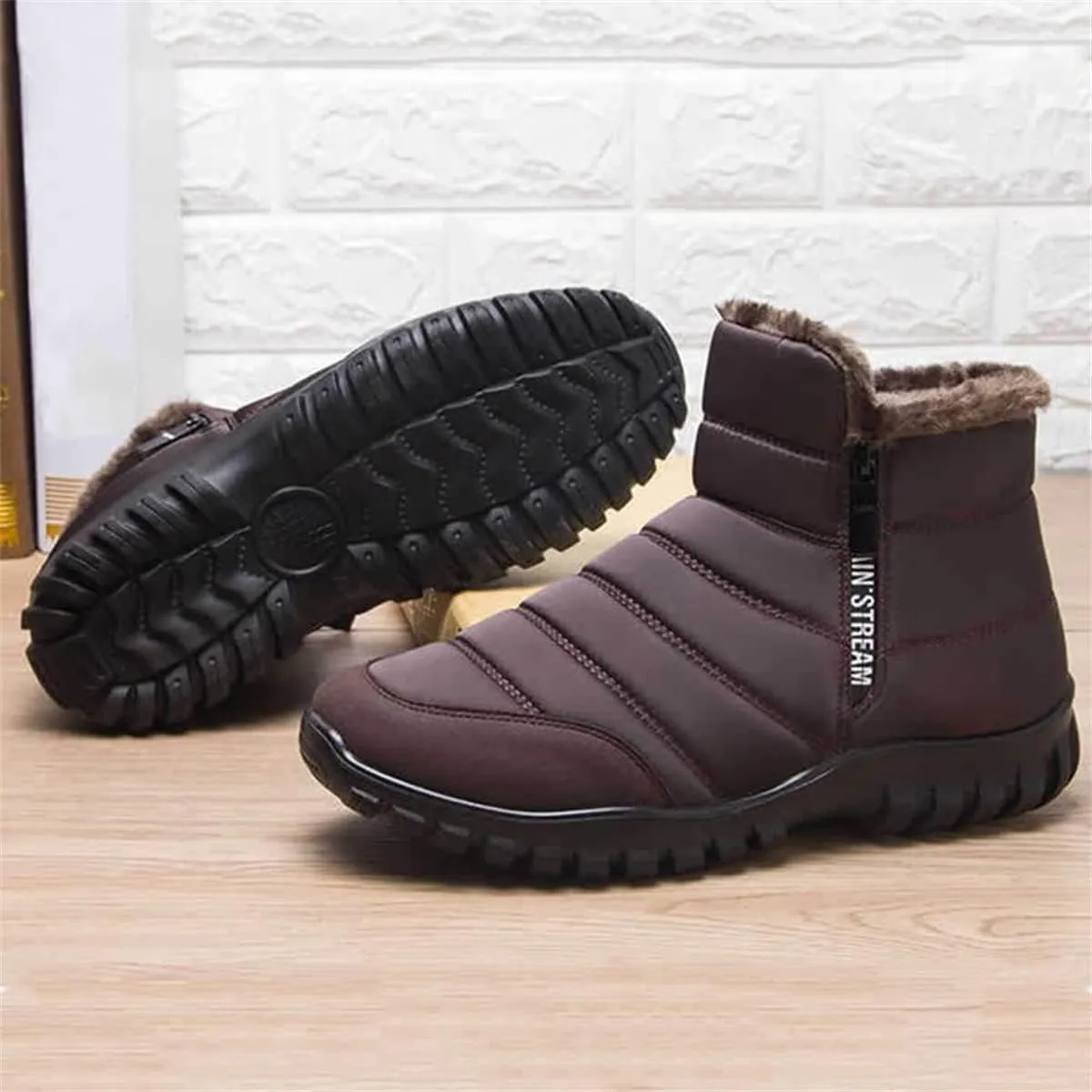 Men's Waterproof Warm Cotton Zipper Snow Ankle Boots, Winter Warm Slip on Thick Plush Booties Waterproof Snow Boots