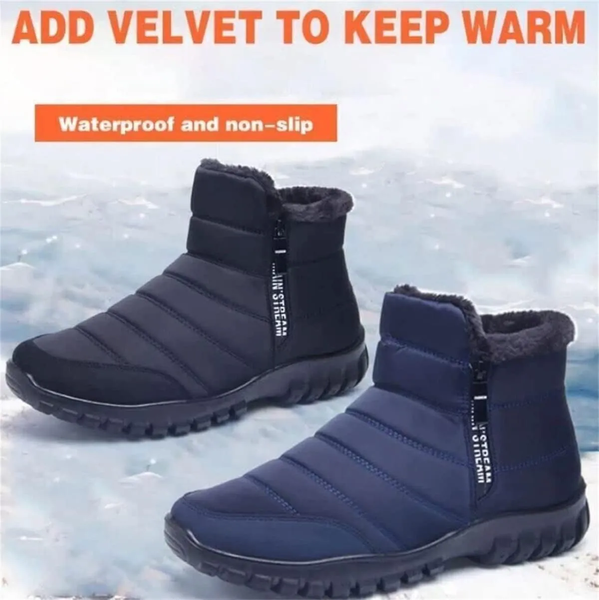 Men's Waterproof Warm Cotton Zipper Snow Ankle Boots, Winter Warm Slip on Thick Plush Booties Waterproof Snow Boots