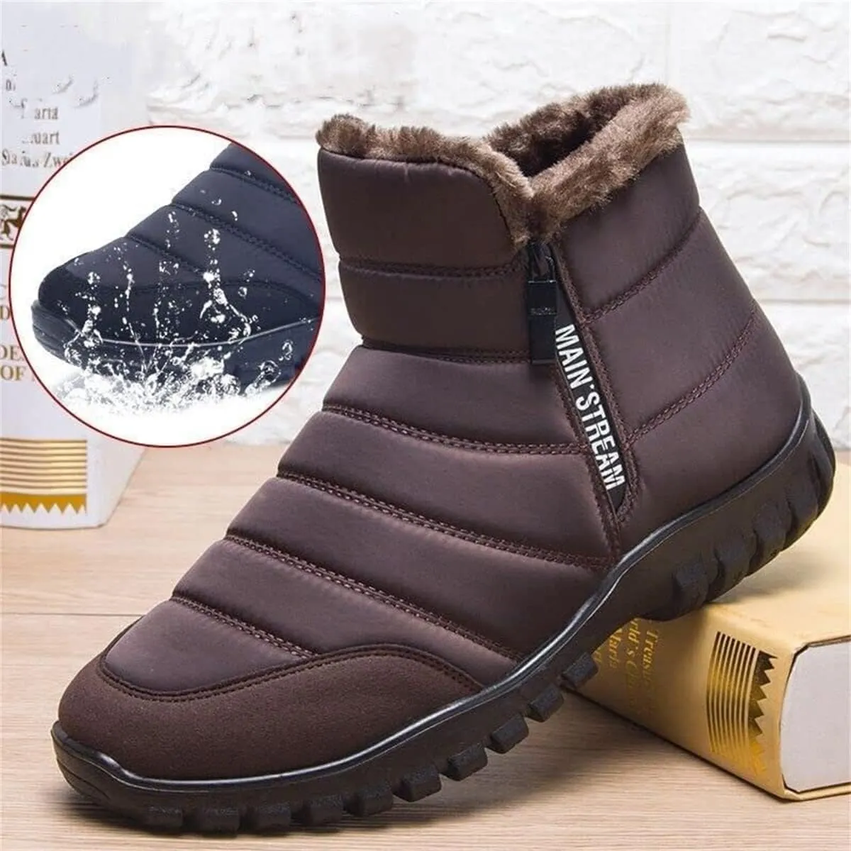 Men's Waterproof Warm Cotton Zipper Snow Ankle Boots, Winter Warm Slip on Thick Plush Booties Waterproof Snow Boots