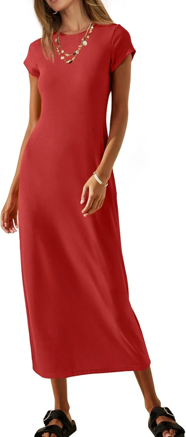MEROKEETY Women's 2025 Summer Short Sleeve Tshirt Dress Casual Crew Neck Beach Long Maxi Dresses