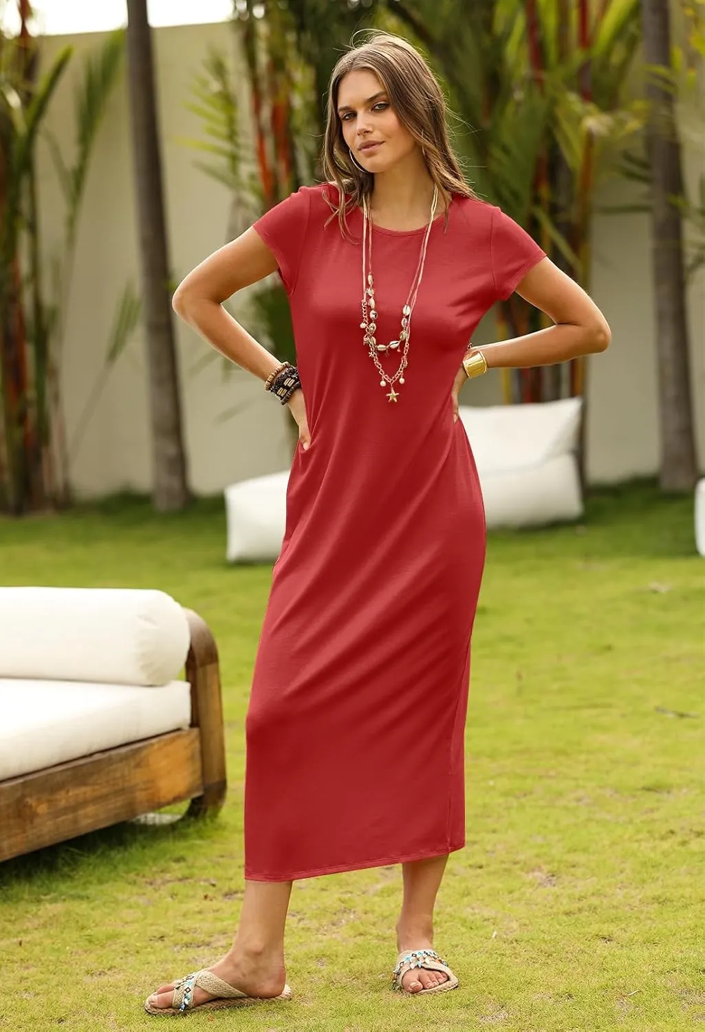 MEROKEETY Women's 2025 Summer Short Sleeve Tshirt Dress Casual Crew Neck Beach Long Maxi Dresses