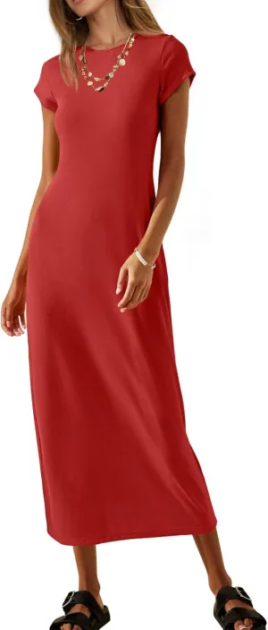MEROKEETY Women's 2025 Summer Short Sleeve Tshirt Dress Casual Crew Neck Beach Long Maxi Dresses