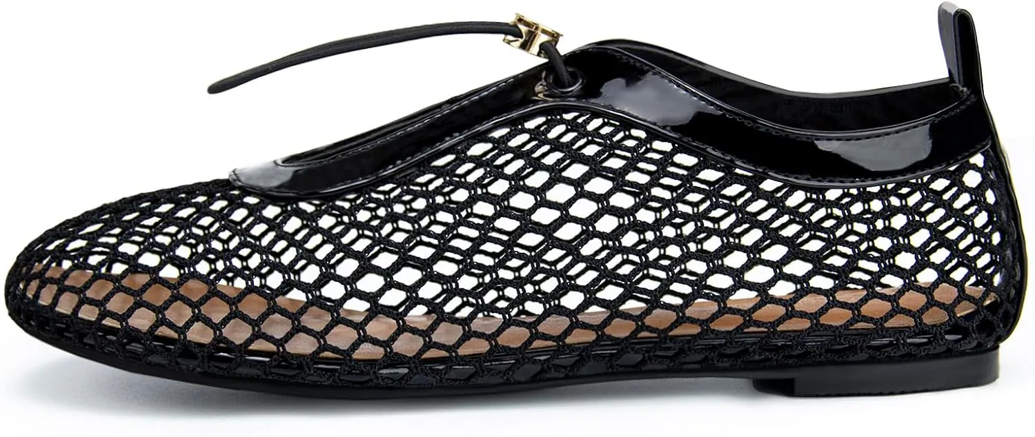 Mesh Ballet Flats for Women Round Toe Fishnet Mary Jane Flats Buckle Strap Casual Comfortable Office Ballerina Shoes