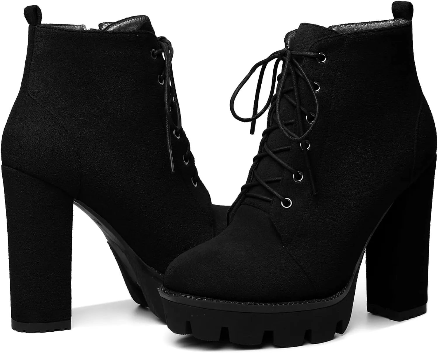 Mettesally Womens Platform Lace Up Ankle Boots Round Toe Chunky Block High Heels Side Zipper Short Boots Office Winter Shoes