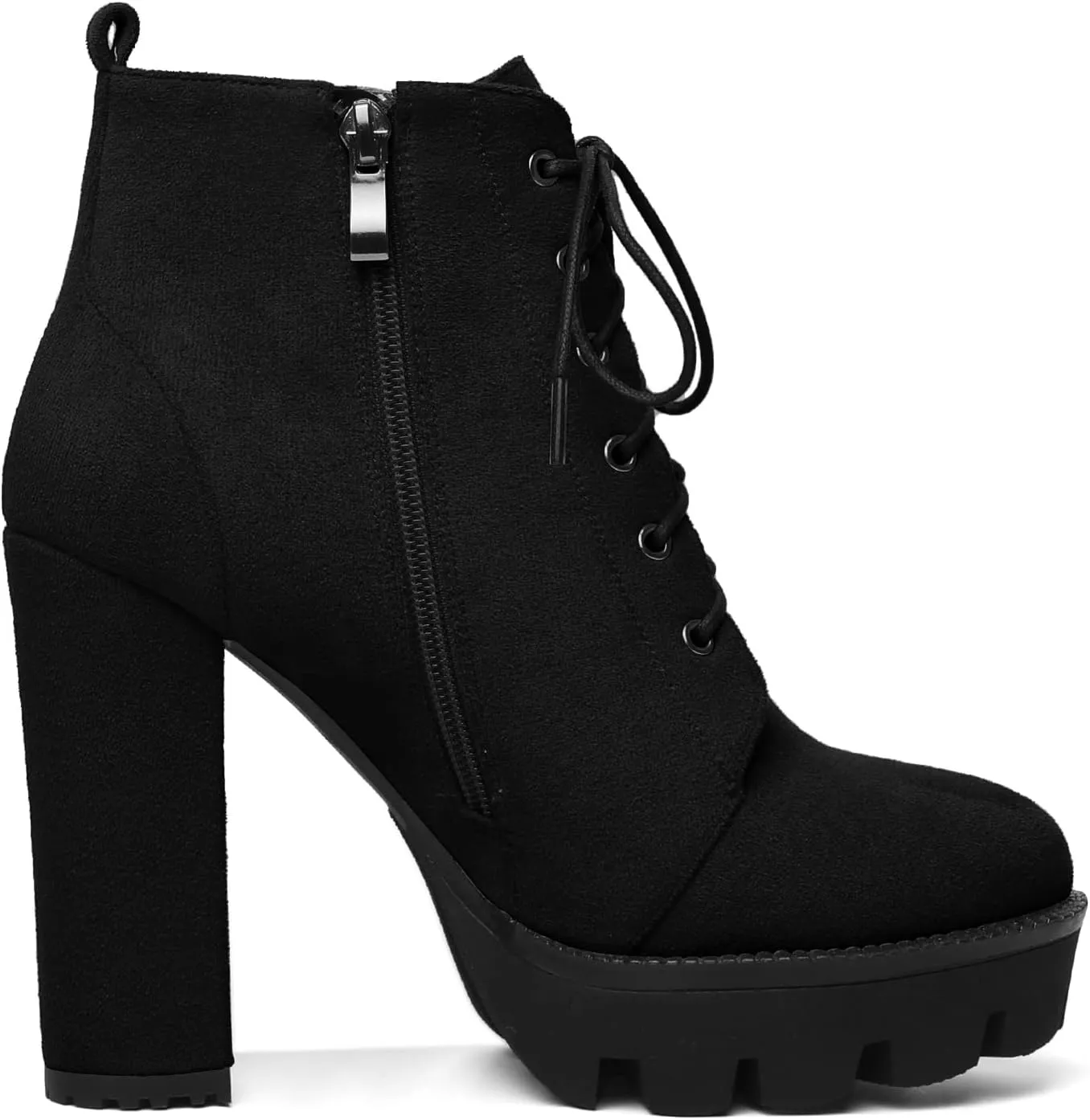 Mettesally Womens Platform Lace Up Ankle Boots Round Toe Chunky Block High Heels Side Zipper Short Boots Office Winter Shoes